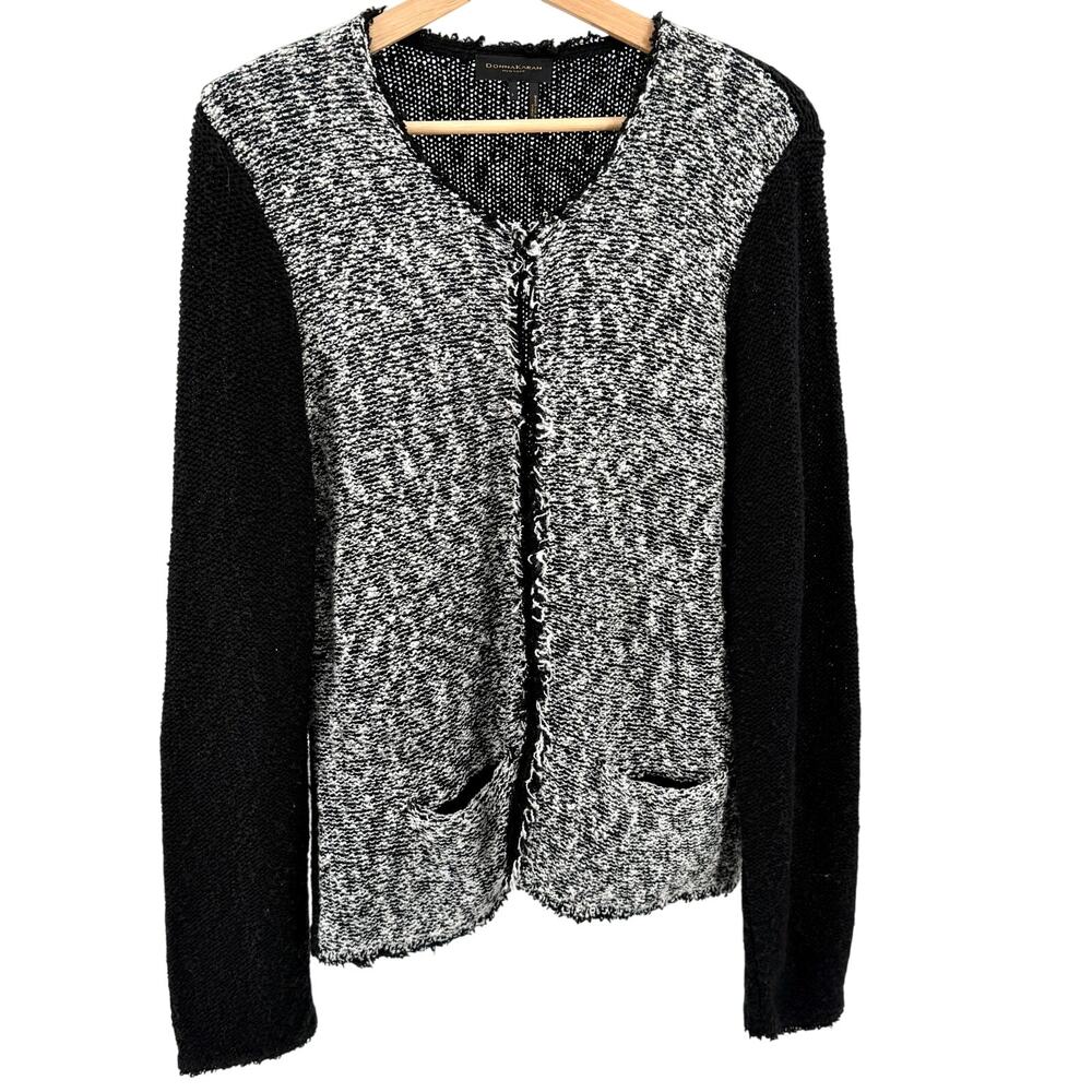 Donna Karan New York Black White Tweed Colorblock Cardigan Sweater